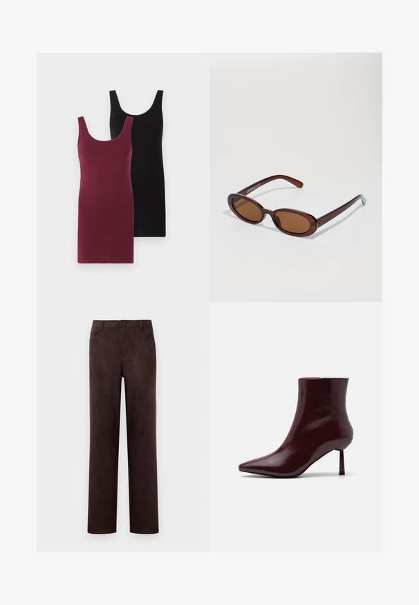 Dos vestidos sin mangas: uno en burdeos y otro en negro. Están hechos de una tela suave y elástica con un diseño ajustado y escote redondo.; Pantalones rectos de ante marrón oscuro con cierre de botón delantero y cremallera, trabillas para cinturón y bolsillos laterales.; Botín de charol burdeos con punta afilada y tacón de aguja delgado, que presenta una textura suave y brillante y un diseño minimalista.; Gafas de sol redondas con tinte marrón y un marco burdeos brillante. Patillas delgadas con un sutil detalle de marca. Diseño de lentes planos.; Bolso de mano tejido en burdeos con forma redondeada y un asa única, que presenta una superficie texturizada y un cierre de cordón elástico.