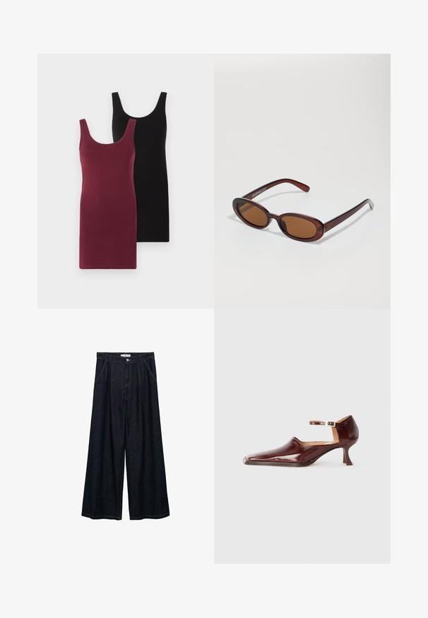 Twee mouwloze jurken: één in bordeauxrood en één in zwart. Gemaakt van zachte, rekbare stof met een aansluitend ontwerp en ronde halslijn.; Donkerdenim wijde-broek met een hoge taille, voorzien van een sluiting met knoop aan de voorkant, twee zijzakken en stikdetails.; Bordeaux patentleren schoen met een spitse neus, enkelbandje en een taps toelopende hak van 5 cm. Glad van textuur en minimalistisch ontwerp.; Ronde, bruin getinte zonnebril met een glanzend bordeauxrood frame. Slanke pootjes met subtiele merkdetails. Vlakke lensontwerp.