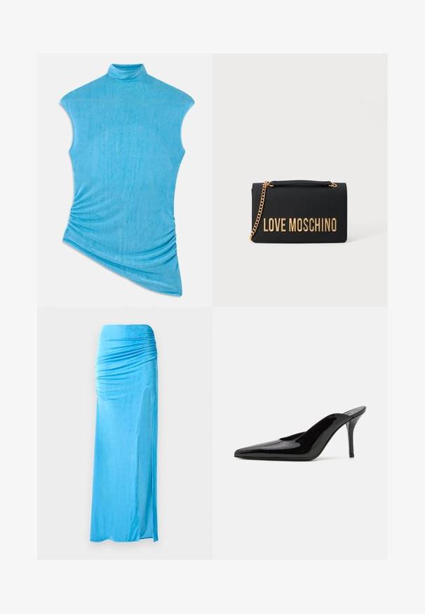 Top azul sem mangas feito de um tecido suave e texturizado. Apresenta um colarinho alto e um design assimétrico com detalhes franzidos de um lado.; Saia maxi em velour azul com detalhes franzidos na cintura, apresentando uma abertura lateral e uma textura suave para uma silhueta fluida.; Mule de salto alto em couro envernizado preto com ponta fina e uma silhueta elegante, apresentando um calcanhar aberto e um salto stiletto esbelto.; Bolsa de mão em pele sintética preta com o logo em tom dourado "LOVE MOSCHINO". Apresenta uma alça de corrente dourada e um design retangular estruturado.