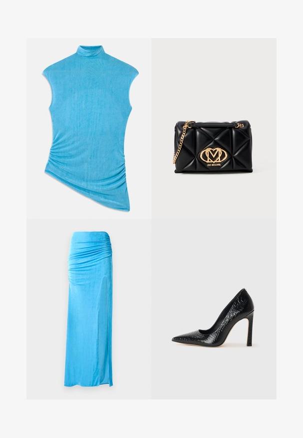 Zila bezplecu blūze, izgatavota no mīkstas, teksturētas auduma. Tai ir augsta apkakle un asimetrisks dizains ar savelktiem elementiem vienā pusē.; Zila velūra maxi svārki ar savilkuma detaļām viduklī, ar sānu šķēlumu un gludu tekstūru, veidojot plūstošu siluetu.; Melni augstpapēžu apavi ar norādītu purngalu, ar krokodila ādas tekstūru, izceļoties ar elegantu dizainu, augstu stiletto papēdi un gludu melnu interjeru.; Melnā kvilts somas ar zelta ķēdes siksnu. Uz priekšpuses ir zelta logo detaļas. Izgatavota no sintētiska materiāla ar taisnstūrveida formu.
