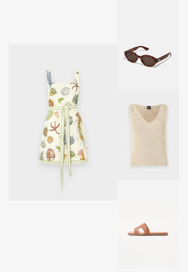 Beige soonikõrvadega ilma varrukateta kampsun, millel on sügav V-dekoltee. Kudumite tekstuur koos peente värvimuutustega ja külgjõhvikud. Brändi silt on nähtav.; Alemais SEA MINI DRESS - Päevakleit - cream; Pruunist nahast siledad sandaalid, millel on avatud nina disain, lai rihm lõikega detailiga, lame talla ja sile tekstuur.; Konnitšäugiga prillid, millel on ümarad raamid, tumedad läätsed ja kuldsed logo detailid tempudel. Sile plastmaterjal, nähtavad mustrid puuduvad.