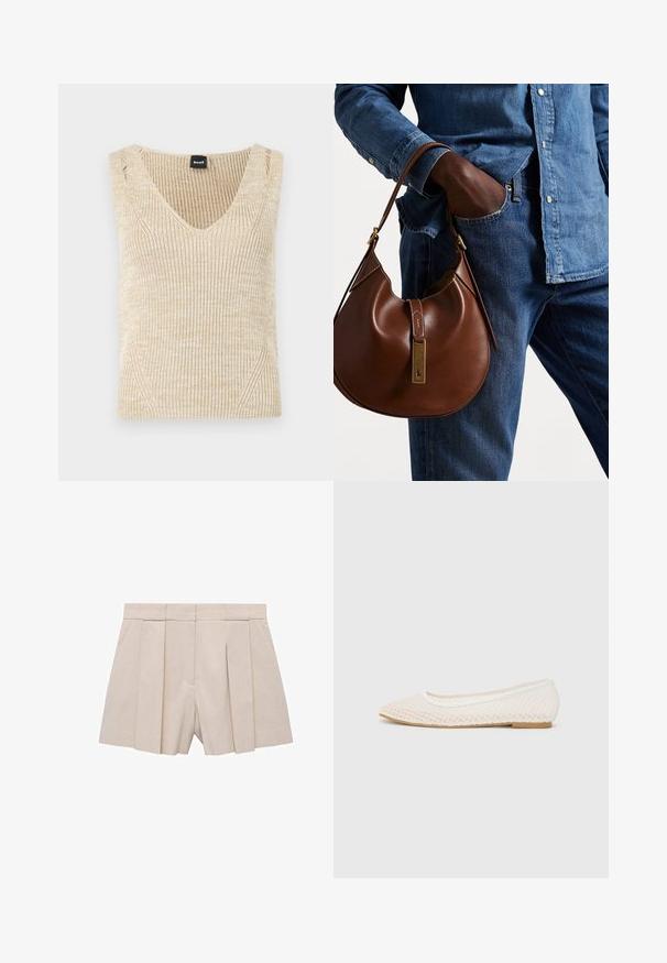 Béžový žebrovaný svetr bez rukávů s hlubokým výstřihem do V. Pletená textura s jemnými barevnými variacemi a bočním detailem. Viditelné označení značky.; Béžové skládací šortky s rafinovaným střihem, vysokým pasem a hladkou texturou. Čtyři přední sklady vytvářejí objem. Bez kapes.; Bílé ploché boty s síťovaným designem, se špičatou špičkou a nízkou plochou podrážkou. Texturovaný svršek s hladkým podšívkou a jemným kontrastním lemem.; Hnědá kožená hobo taška zaobleného tvaru, se zlatým kováním a kontrastním prošíváním. V kombinaci s džínovou košilí a džíny.