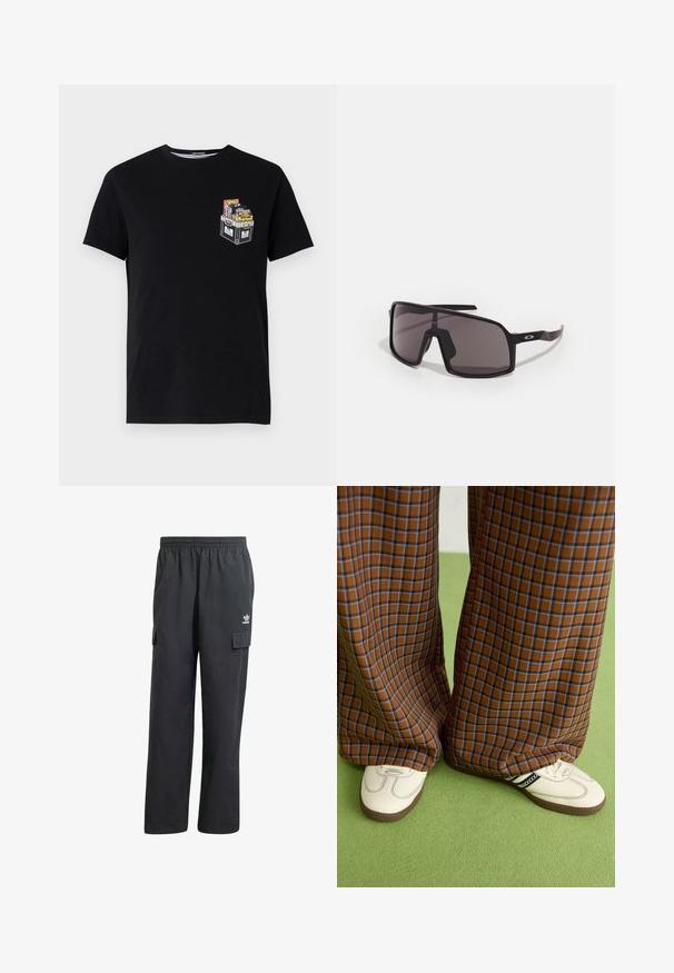 Tricou negru din bumbac cu mânecă scurtă, având un mic grafic cu o ladă plină de obiecte colorate în zona stânga a pieptului.; Pantaloni cargo negri cu talie elastică, două buzunare laterale și un logo subtil pe coapsa stângă. Confecționați dintr-un material ușor.; Pantaloni largi cu carouri maro și albastru, asociați cu pantofi albi cu accente negre și tălpi texturate, împotriva unui fundal verde.; Ochelari de soare dreptunghiulari negri cu lentile închise, ramă largă și brațe subțiri negre. Prezintă un logo pe tampoane. Textură netedă.