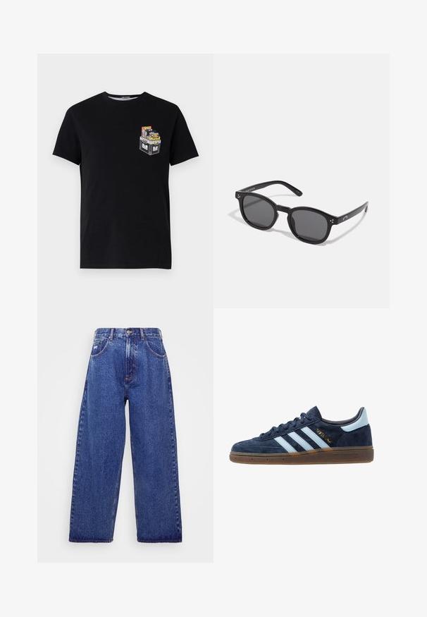 Must t-särk lühikeste varrukatega, millel on vasakul rindkere piirkonnas väike graafika, mis kujutab kasti, mis on täis värvikirevaid esemeid.; Laiad sinised denim püksid kõrge vöökohaga, viie tasku, nupukinnitusega ja õrna pleekimisega tekstuuri jaoks.; Tumesinine sametist Adidas tennis, helesiniste triipudega, kummist tallaga, helesinise kandetabiga ja kuldse "Spezial" brändimisega küljel.; Mustad musta ovaalsed päikeseprillid tumedate objektiividega, paksude raamidega ja hõbedaste punktide aktsentidega külgedel. Sile plastmaterjal, kaasaegne disain.