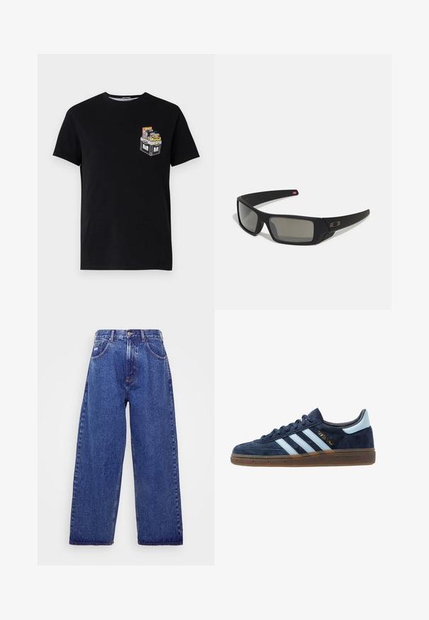 Black cotton t-shirt with short sleeves featuring a small graphic of a crate filled with colorful items on the left chest area.; Wide-leg, blue denim jeans with a high waist, featuring five pockets, a button closure, and subtle fading for texture.; Navy blue suede Adidas sneaker with light blue stripes, gum sole, light blue heel tab, and gold "Spezial" branding on the side.; Black sunglasses with a matte finish, rectangular lenses, slight curve on temples, subtle logo detail, and smoke-tinted lenses.