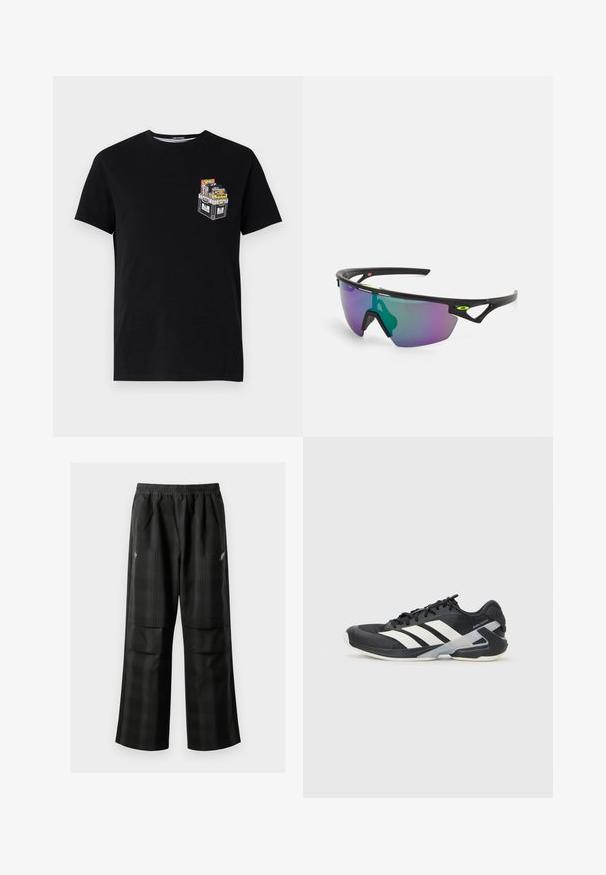 Zwarte katoenen t-shirt met korte mouwen, voorzien van een kleine graphic van een crate gevuld met kleurrijke items op de linkerkant van de borst.; Zwarte geruite broek met een elastische tailleband, twee voorzakken en een losse pasvorm met een rechte pijpdesign. Gemaakt van lichtgewicht materiaal.; Zwarte sportschoen met witte strepen, bovenwerk van mesh, ronde neus en geveerde zool. Heeft een getextureerde hak en een veilig vetersysteem.; Sport zonnebril met een zwart montuur, grote verlooplenzen met paarse en groene tinten, en hoekige ontwerpaccenten met logo-details.