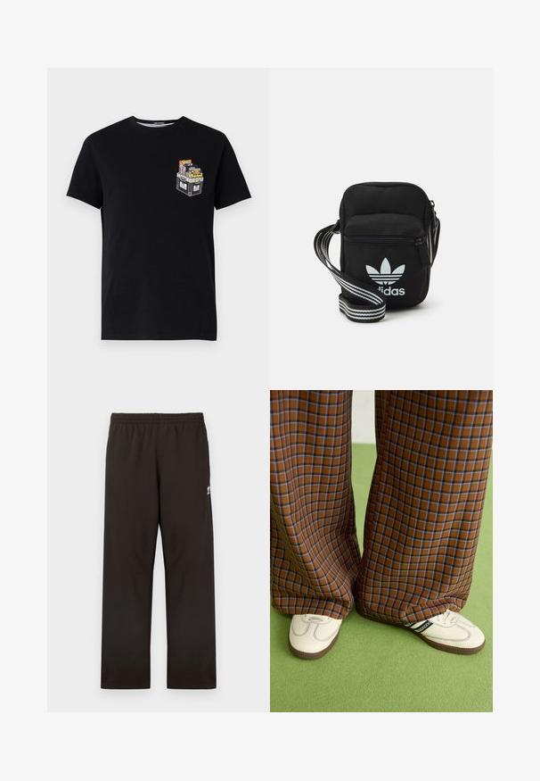 Tricou negru din bumbac cu mânecă scurtă, având un mic grafic cu o ladă plină de obiecte colorate în zona stânga a pieptului.; Pantaloni de trening negri, cu talie elastică, croială dreaptă și un mic logo subtil pe lateral. Confecționați dintr-un material moale și neted.; Pantaloni largi cu carouri maro și albastru, asociați cu pantofi albi cu accente negre și tălpi texturate, împotriva unui fundal verde.; Geantă de umăr din material textil negru, cu închidere cu fermoar, având un logo Adidas alb și o curea ajustabilă cu dungi pentru o transportare ușoară.