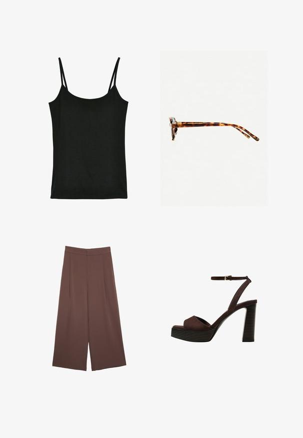 Schwarzes Trägertop aus weichem Stoff, mit dünnen verstellbaren Trägern, runden Ausschnitt und glatter Textur. Keine Muster oder Akzente.; Braune Weite-Leg-Hosen mit einer glatten Textur, hoher Taille und Vorderfalten. Der Stoff ist leicht und fällt locker.; Braune Wildleder-Pumps mit offenem Zeh, verstellbarem Knöchelriemen und gestreiftem Plateausohlen.; Schildpatt-Sonnenbrille mit dickem Rahmen, leicht gebogenen Bügeln und glatter Textur. Sie präsentiert ein klassisches Design mit glänzender Oberfläche.