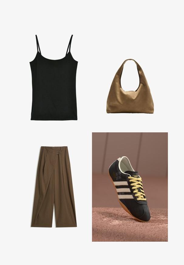 Črna majica brez rokavov, izdelana iz mehkega blaga, z tankimi nastavljivimi naramnicami, zaobljenim izrezom in gladko teksturo. Brez vzorcev ali dodatkov.; Brahke široke hlače z ozkimi belimi črtami, visok pas, sprednje gumbasto zapiranje in prekrivni panel v stilu ovitka.; Črne športne čevlje s tremi belimi črtami, rumenimi vezalkami in strukturirano površino. Imajo ukrivljen dizajn in gumiran podplat.; Brahna torba preko rame iz rjave tkanine s širokim, zaobljenim tijelom i velikim izrezanim ručkom. Meka tekstura, minimalistički dizajn i bez vidljivih metalnih dijelova.