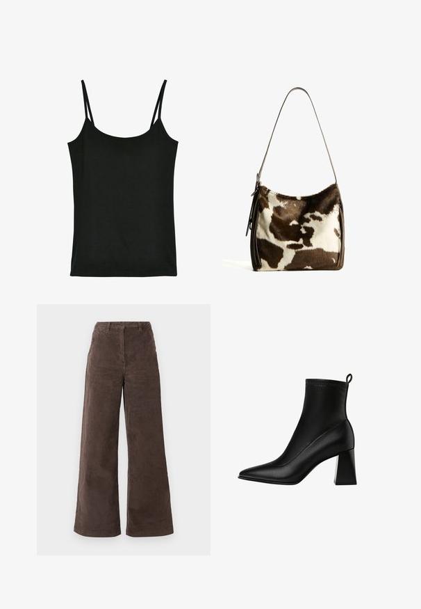 Čierna tielko, vyrobené z mäkkej látky, s tenkými nastaviteľnými ramienkami, zaobleným výstrihom a hladkou textúrou. Bez vzorov alebo akcentov.; Hnedé kordové široké nohavice s vysokým pásom, prednými vreckami a jedným gombíkom na zapínanie. Textúra je mäkká a ryhovaná.; Stradivarius STRETCH - Klasické členkové čižmy - black; Hnedo-krémová kravská koža cez plece s hladkým koženým remienkom, zipsovým uzáverom a mäkkým, textúrovaným povrchom s prírodným vzorom.