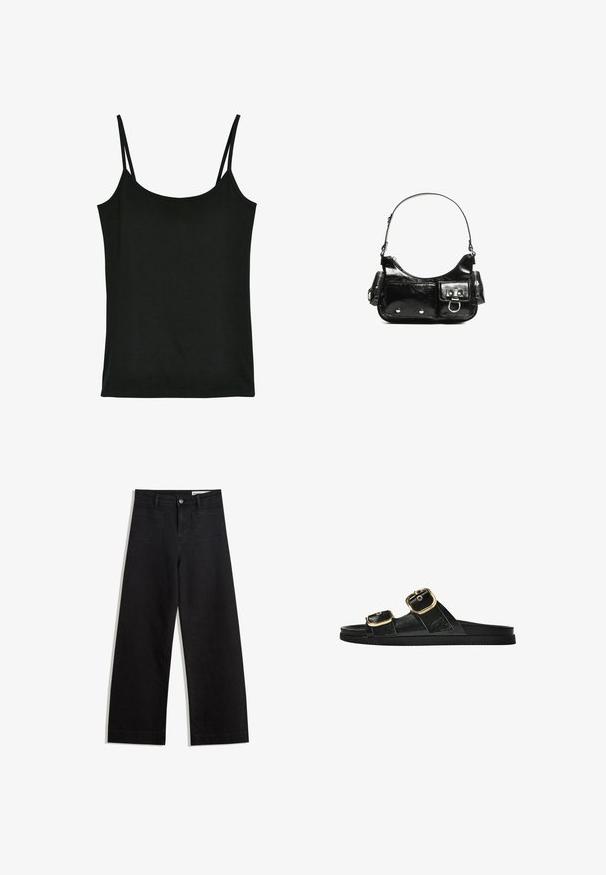 Musta toppi, valmistettu pehmeästä kankaasta, jossa on ohut säätökaulus, pyöreä pääntie ja sileä pinta. Ei kuvioita tai korosteita.; Mustat leveät farkut korkealla vyötäröllä, joissa on etu- ja takataskut, ommellut saumat ja nappisuljenta. Silkinoinen rakenne.; Musta liukusandaali, jossa on kaksi kultaisesta solkesta tehtyä korostusta, sileäpintainen materiaali, litteä pohja ja minimalistinen muotoilu.; Mustekko mustasta kiiltonahasta valmistettu käsilaukku, jossa on kaareva muoto, yksi olkahihna, etutaskut ja hopeanväriset yksityiskohdat.