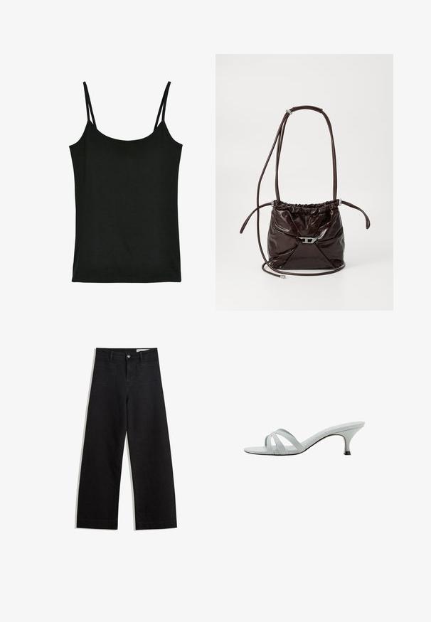 Top in camicia nera, realizzato in morbido tessuto, con spalline sottili regolabili, scollatura arrotondata e una superficie liscia. Senza motivi né accenti.; Pantaloni in denim neri a gamba larga con vita alta, dotati di tasche anteriori e posteriori, cuciture a punto, e chiusura con bottone. Texture liscia.; Sandali con tacco di colore grigio chiaro, dotati di tre cinturini incrociati, una silhouette sottile e un tacco affusolato. Texture liscia con una finitura leggermente lucida.; Borsa a spalla in pelle lucida marrone scuro con parte superiore arricciata e tracolla sottile regolabile, caratterizzata da un piccolo dettaglio di chiusura in tonalità argento sul davanti.