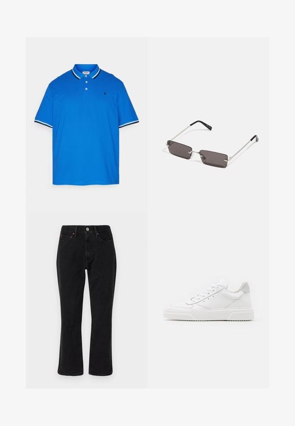 Jack & Jones JJEPAULOS SS NOOS PLS - Polosärk - nautical blue; Mustad mustrid teksased, klassikalise sirge jalgade lõikega, viie taskuga stiilis ning metallist detailidega, millel on vasest aktsendid. Sile tekstuur ja keskmine tõus.; Valged nahast spordijalatsid siledast nahast viimistlusega, ümarate varvastega, lamekestega ja tekstuuriga tallaga. Hall suede aktsent kanna juures.; Kübarid, millel on ristkülikukujulised, tumedhalli värvi läätsed, hõbedased metallraamid ja mustad plastotsad käeotsades. Kerge disain koos nina padjadega.