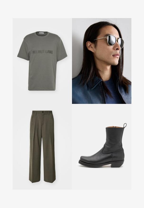 Olive green cotton T-shirt with a crew neck, short sleeves, and embossed "HELMUT LANG" text at the front. Smooth texture, relaxed fit.; Filippa K WIDE TROUSERS - Trousers - driftwood; Black leather ankle boot with a smooth texture, slim profile, side stitching, and a low square heel. Features a pull tab at the back.; Metal sunglasses with reflective lenses, featuring an aviator shape, silver frame, and detailing on the temple. Worn with a blue sweater and jacket.