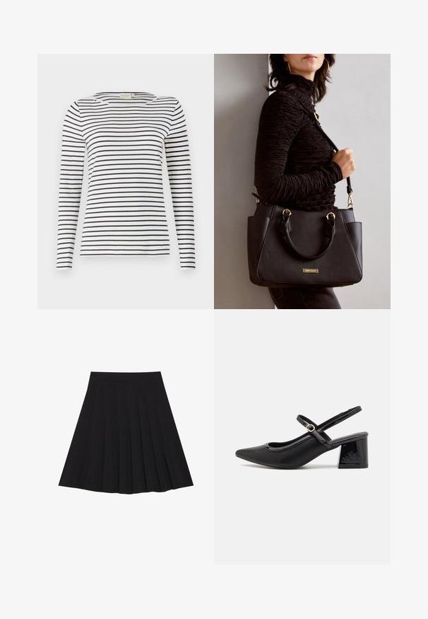 Hosszú ujjú csíkos ing, puha anyagból készült, tengerészkék és fehér vízszintes csíkokkal, kerek nyakkivágással és karcsú fazonban.; Fekete, pliszírozott szoknya texturált anyagból, szűk derékpánttal. Térd alá ér, sima, letisztult vonalvezetéssel.; Fekete lakk bőr, pántos magassarkú cipő, hegyes orral, lekerekített kivágással és tömbsarkal. Arany színű csat díszíti.; Fekete kézitáska texturált felülettel, dupla felső fogantyúval és állítható vállpánttal. Arany színű fém kiegészítők és oldalsó zsebek találhatók rajta.