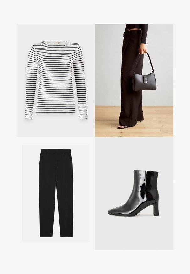 Camisa de mangas longas listrada, feita de um tecido suave, com listras horizontais em azul-marinho e branco, decote redondo e um design ajustado.; Calças pretas com um design ajustado, apresentando bolsos laterais e pernas retas. Feitas de um tecido suave e leve com um acabamento elegante.; Botim de tornozelo em pele sintética preta com bico apontado e salto bloco de altura média. Textura suave e design minimalista.; Bolsa preta com forma estruturada, textura suave e um fecho metálico. Combinada com calças largas pretas e sandálias de salto aberto sobre um chão de madeira.