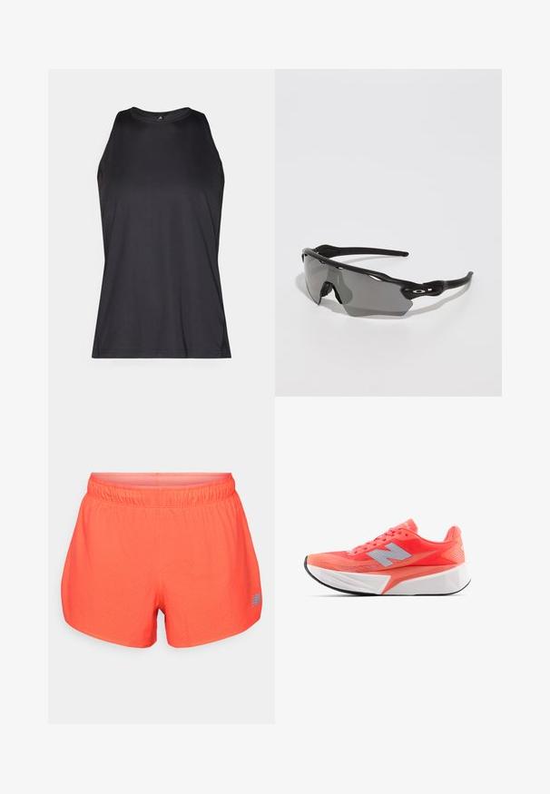 Čierne bezrúškove športové tričko vyrobené z hladkej, ľahkej látky. Obsahuje okrúhly výstrih a ploché švy pre pohodlie.; Pánske bežecké šortky v jasnej koralovej farbe, vyrobené z priedušného materiálu s perforovanou textúrou. Majú elastický pás a modrý logo akcent.; Ľahká bežecká obuv v jasnej koralovej farbe so sieťovinovým zvrškom a strieborným logom. Výrazná textúrovaná biela medzipodrážka a čierna gumová podrážka.; Čierne športové slnečné okuliare s elegantným dizajnom, okrúhlym sklom, sklom so sivým odtieňom a textúrovanými čiernymi rámami. Žiadne viditeľné logo.