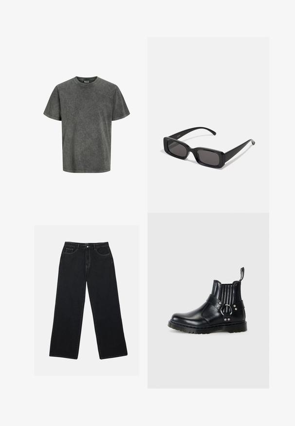 Koszulka z krótki rękawem w wyblakłym, ciemnoszarym kolorze, wykonana z miękkiego materiału z okrągłym dekoltem i luźnym krojem. Gładka tekstura, bez wzorów.; Czarnie dżinsowe spodnie o szerokich nogawkach mają wysoki stan, kieszenie z przodu oraz kontrastowe przeszycia. Materiał ma gładkie, lekko teksturowane wykończenie.; Czarne skórzane botki za kostkę z fakturowanymi elastycznymi bokami, metalowym akcentem w postaci klamry oraz teksturowaną podeszwą dla lepszej przyczepności.; Czarne prostokątne okulary przeciwsłoneczne z ciemnymi szkłami, błyszczącym wykończeniem, szerokimi zausznikami i masywną konstrukcją. Wygrawerowana nazwa marki na jednym z zauszników.