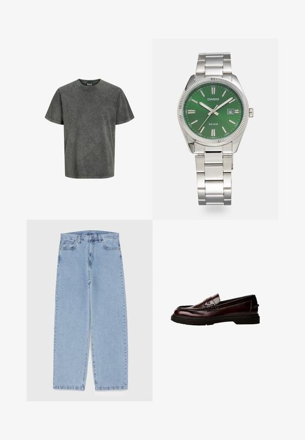 T-shirt s kratkimi rokavi v zbledeli temno sivi barvi, narejena iz mehke tkanine z okroglim izrezom in sproščenim krojem. Gladka tekstura, brez vzorcev.; Svijetloplave traperice s ravnim nogavicama, srednjeg struka, pet džepova te zatvaranjem na gumb i munju.; Rjave usnjene loafer čevlje z zaobljenim nosom, podrobnim šivanjem in gumijastim podplatom. Imajo okrasni trak in gladko teksturo.; Srebrna ura iz nerjavečega jekla z okroglo zeleno številčnico, srebrnimi oznakami ur, prikazom datuma in kovinskim povezovalnim pasom. Vodoodporna do 50 metrov.