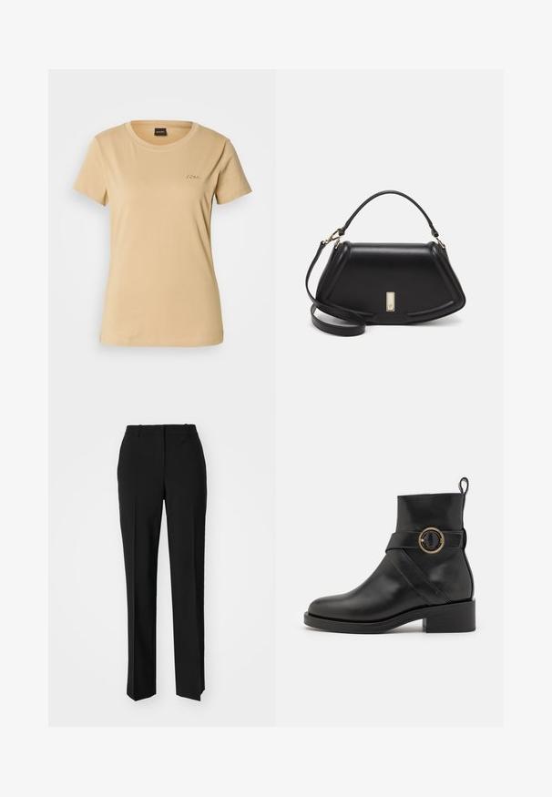 Beige bomull t-skjorte med rund hals. Har korte ermer og et preget "BOSS"-logo på venstre bryst. Glatt tekstur.; Sorte skreddersydde bukser med rett silhuett, med en glatt tekstur og klare pressede bretter foran. Ingen synlig maskinvare.; BOSS IRYNA BOOTIE - Platåstøvletter - black; Sort lærveske med en strukturert design, som har en avkortet form, topphåndtak og detaljer i gull. Justerbar skulderstropp inkludert.