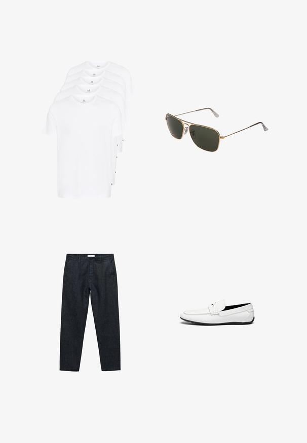 Valkeat lyhythihaiset t-paidat pinottuna, valmistettu puuvillasta. Ominaisuuksina pyöreä kaula-aukko ja suora leikkaus. Kangas näyttää sileältä ilman kuvioita.; Tumman denim-kankaan housut, joissa on suora lahkeen muotoilu, etutaskut, nappisulku ja vyölenkit. Sileä pinta, jossa on vain vähän ompeluyksityiskohtia.; Valkoiset nahkakengät, joissa on sileä pinta, ommeltu korostus, pyöreä kärki ja musta kumipohja, joka tarjoaa pitoa.; Kultaiset metalliset pilottilasit, joissa on suuret tummanvihreät linssit, ohuella kehyksellä ja läpinäkyvillä nenätyynyillä mukavuuden lisäämiseksi.