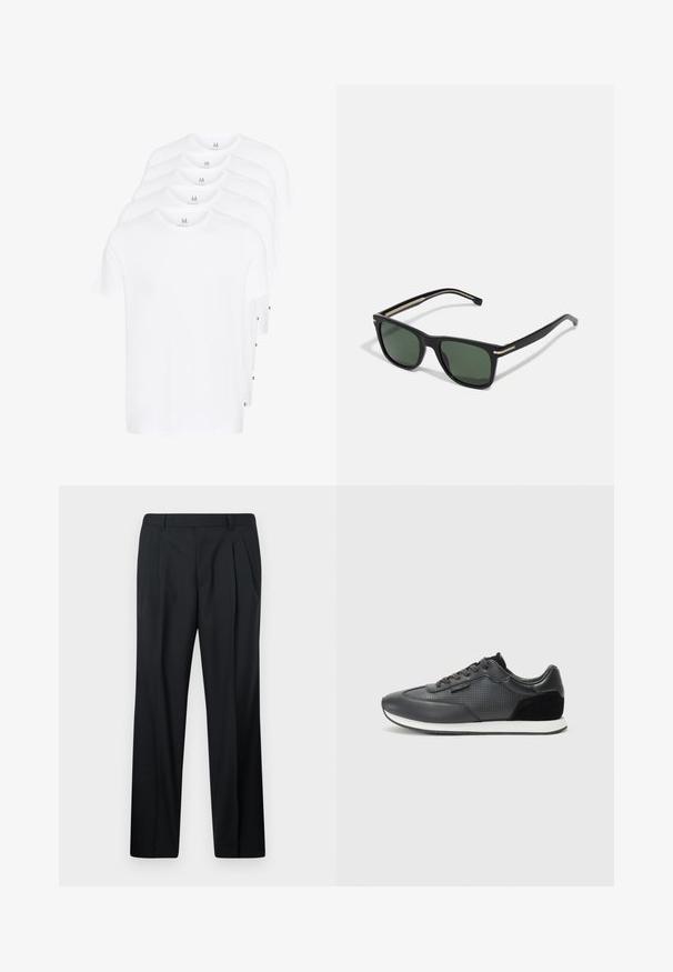 Valged lühikeste varrukatega T-särgid on kokku pandud, valmistatud puuvillast. Omab ümmargust kaelust ja sirget lõiget. Kangas näeb välja sile ja mustriteta.; Mustad pleekpüksid, mis on valmistatud siledast kangast. Omavad sirget lõiget, vöörihma koos aasadega ning puuduvad taskud. Lihtne disain.; Mustad mustasaapad, millel on nahast ülemine osa, perforatsioonid, seemisnahast aktsentide ja valge kummitald. Klassikaline lipsuotsimise disain.; BOSS Päikeseprillid - black