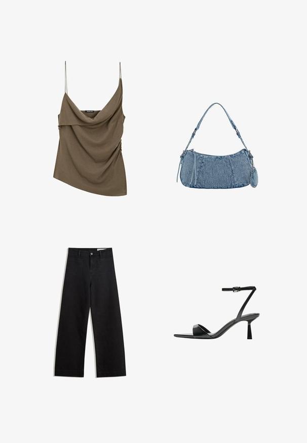 Olivgrünes, drapiertes ärmelloses Oberteil mit dünnen Spaghettiträgern und gerafftem Seitendetail, aus einem weichen Stoff gefertigt. Asymmetrische Maße.; Schwarze weit geschnittene Jeans mit hoher Taille, ausgestattet mit Vorder- und Hintertaschen, gesteppten Nähten und einem Knopfverschluss. Glatte Textur.; Bershka High Heel Sandalette - black; Denim-Handtasche mit geschwungener Form, hellblauer Farbe, verstellbarem Schultergurt und einem kleinen abnehmbaren Täschchen mit metallischen Akzenten.