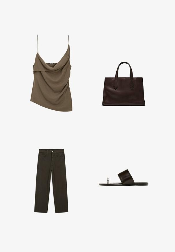 Olivgrünes, drapiertes ärmelloses Oberteil mit dünnen Spaghettiträgern und gerafftem Seitendetail, aus einem weichen Stoff gefertigt. Asymmetrische Maße.; Dunkelgrüne Jeans im weit geschnittenen Style, hergestellt aus einem Baumwollgemisch. Sie verfügen über einen Frontknopfverschluss, fünf Taschen und klassische Denim-Nähte.; Braune Leder-Sandale mit breitem Riemen und Zehentrenner. Flache Sohle mit subtiler Textur und glatter Oberfläche, die minimalistische Designelemente aufweist.; Braune Ledertasche mit zwei langen Griffen, strukturierte rechteckige Form, glatte Textur und dezente Nähdetails.