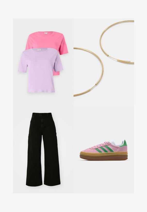 Divas īsām piedurknēm T-krekli: viens rozā un otrs lavandas krāsā, izgatavoti no mīksta kokvilnas, ar apaļu kakla izgriezumu un vienkāršu dizainu.; Melni platā kāju kravas bikses no denima, ar augstu vidukli, priekšējo pogu aizdari un sānu kabatām. Gluda tekstūra ar minimālu šuvju skaitu.; Rozā zamša kedas ar zaļām svītrām, baltām akcentiem un brūnu gumijas zoli. Izstrādātas ar teksturētu audumu un logotipa detaļām sānos.; Zelta krāsas auskari gredzena formā, plāni un apaļi, ar gludu metāla apdari un bez rotājumiem vai zīmējumiem.