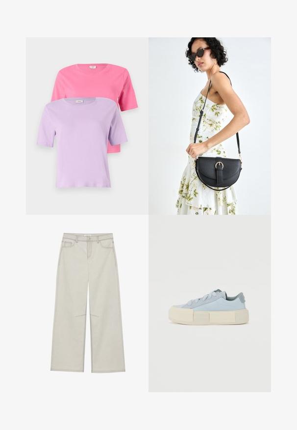 Kaks lühikeste varrukatega T-särki: üks roosat ja teine lavendli värvi, valmistatud pehmest puuvillast, ümarate kaelustega ja lihtsate disainitega.; Heledad hall-gajused püksid, viie taskuga, ette nööpidega kinnitamine ja kontrastne õmblus. Kangas paistab pehme ja vastupidav.; Heledad sinised tennised paksu kreemika värvi kummitaldaga, ümara paelaga ning sileda tekstuuriga disainiga, millel on väikesed aktsendid.; Mustmust mustraha kõverate joontega, eemaldatava rihmaga ja kuldsete detailidega. Kotil on klapp, millel on pandladetail.