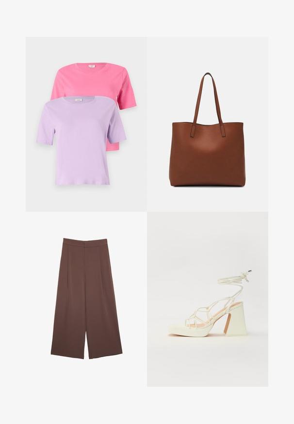 Dwa t-shirty z krótkim rękawem: jeden w kolorze różowym, a drugi w lawendowym, wykonane z miękkiej bawełny, z okrągłymi dekoltami i prostym wzorem.; Brązowe spodnie o szerokich nogawkach z gładką fakturą, z wysokim stanem i plisami z przodu. Materiał jest lekki i luźno opada.; Biała sandał na wysokim obcasie z masywnym słupkiem, z paskowym wzorem i wiązaniem przy kostce. Gładka faktura z platformą z przodu dla dodatkowej wysokości.; Brązowa skórzana torba tote o gładkiej fakturze, z otwartym wierzchem i dwoma ramiączkami. Charakteryzuje się minimalnym przeszyciem i brakiem widocznych elementów metalowych.