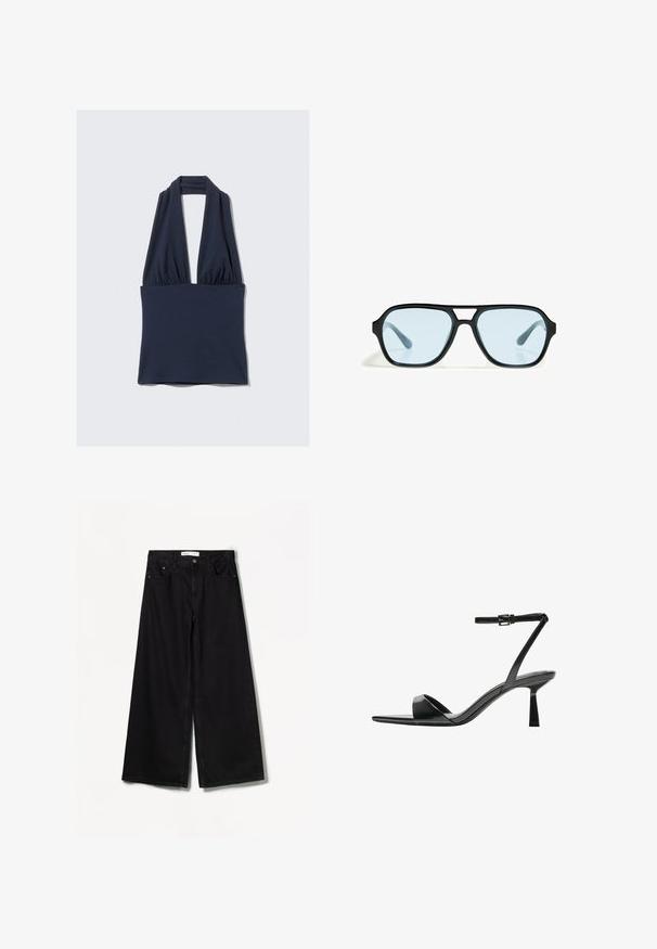 Navy blue halter top made of soft fabric, featuring a deep V-neck design and gathered detailing at the waist. Smooth texture, minimal seams.; Bershka WIDE-LEG - Wide Leg - black; Bershka High heeled sandals - black; Black sunglasses with rectangular frames, blue-tinted lenses, and a distinctive bridge design. Sleek finish, understated texture.; Bershka WITH CHAIN - Handbag - black