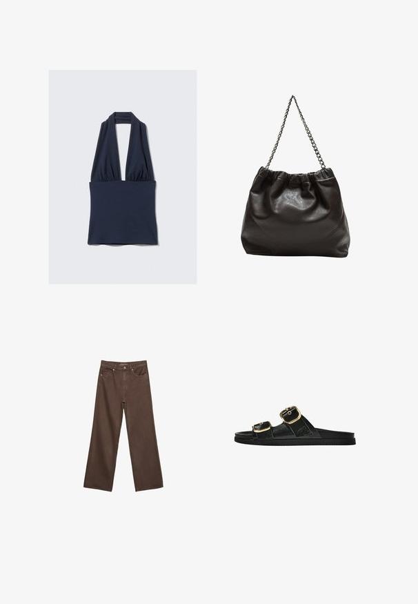 Haut dos nu bleu marine en tissu doux, présentant un décolleté en V profond et des détails froncés à la taille. Texture lisse, coutures minimales.; Jean brown à jambes larges en denim, doté d'une taille haute, de poches avant et d'une fermeture à bouton classique. Texture lisse avec des coutures subtiles.; Sandale noire à glissière avec deux accents de boucle en or, en matériau lisse, semelle plate et design minimaliste.; Sac en cuir marron avec un haut froncé et une bandoulière en chaîne. Texture lisse avec une finition brillante et des coutures subtiles sur les côtés.
