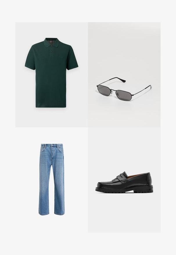 Dark green short-sleeve polo shirt with two black buttons and small "BOSS" logo embroidered on the left chest.; Light blue denim jeans with a straight-leg design, five pockets, button closure, minimal fading, and contrasting stitching details.; Black leather loafers feature a raised seam, two decorative straps on the upper, and a thick textured sole for added grip.; Black hexagonal sunglasses with thin metal frame and dark lenses lying on a white surface.