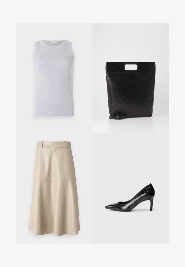 Light blue ribbed tank top with a rounded neckline. Smooth texture and sleeveless design, featuring a subtle brand label on the neckline.; Beige leather midi skirt with a smooth texture, wide waistband, and flared hem; features stitched seams for added detail.; Black pointed-toe high heels with a glossy finish and subtle textured pattern. Features a moderate heel and open throat design.; Black leather tote bag with a square handle, featuring a textured finish and embossed logo. Includes a detachable strap.