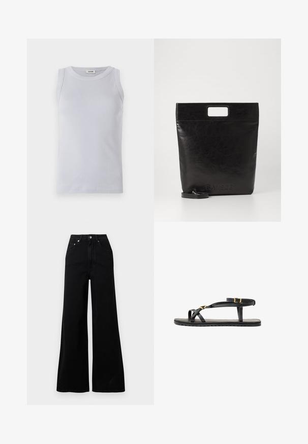 Light blue ribbed tank top with a rounded neckline. Smooth texture and sleeveless design, featuring a subtle brand label on the neckline.; Black wide-leg jeans made from denim, featuring a high waist, five pockets, front button closure, and minimal stitching details.; Black leather sandals with thin straps and a buckled ankle strap. Flat sole with a textured finish and zigzag edge. Minimalist design.; Black leather tote bag with a square handle, featuring a textured finish and embossed logo. Includes a detachable strap.