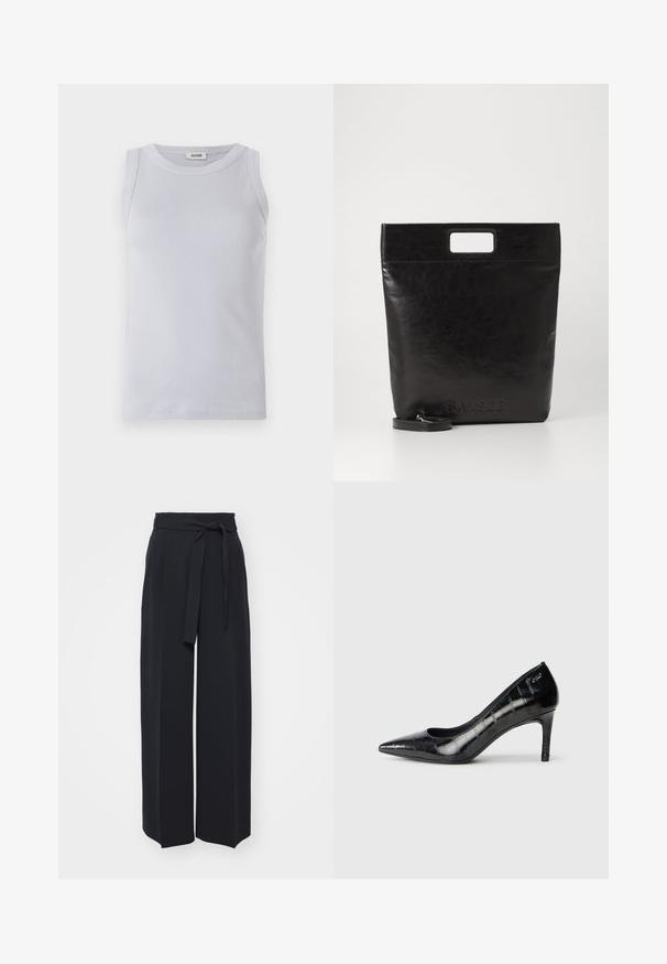Light blue ribbed tank top with a rounded neckline. Smooth texture and sleeveless design, featuring a subtle brand label on the neckline.; Wide-leg black trousers made of soft fabric. Features a belted waistband and front pleats. Smooth texture with a clean, contemporary design.; Black pointed-toe high heels with a glossy finish and subtle textured pattern. Features a moderate heel and open throat design.; Black leather tote bag with a square handle, featuring a textured finish and embossed logo. Includes a detachable strap.