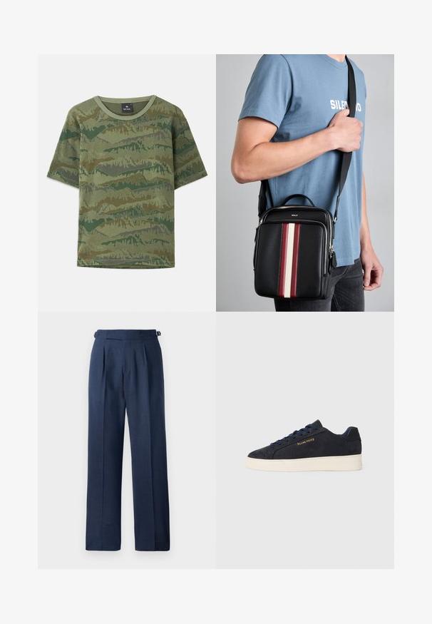 Žalias kamufliažo marškinėliai, pagaminti iš medvilnės. Trumpi rankoviai, apvalus iškirpimas, su sluoksniuota kalnų raštu, įvairių žalių ir rudos spalvų atspalvių.; Tamsiai mėlynos pritaikytos kelnės, pagamintos iš tekstūruoto audinio, su aukštu liemeniu, klostėmis ir reguliuojamomis šoninėmis dirželis, užtikrinančiais patogumą.; Tamsiai mėlynos zomšos žemos batai su balta siaura, tamsiai mėlynais raišteliais ir auksiniu logotipu „Filling Pieces“ šone.; Juodas odinis per petį nešiojamas krepšys su raudonomis, baltomis ir smėlio spalvos vertikaliomis juostelėmis. Turintis viršutinę rankeną ir reguliuojamą dirželį. Matoma užtrauktuko uždengimo sistema.