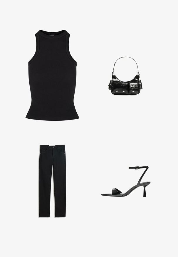 Fekete bordázott ujjatlan felső magas nyakkivágással és testhez simuló fazonnal. Sima textúra, látható díszítés vagy minta nélkül.; Fekete farmernadrág egyenes szárú fazonnal, öt zsebbel, fémből készült gombzárral és diszkrét varrási részletekkel. Sima textura.; Bershka Magas sarkú szandálok - black; Fekete lakkbőr kézitáska ívelt formával, egy vállpánttal, elülső zsebekkel és ezüstszínű fémrészletekkel.