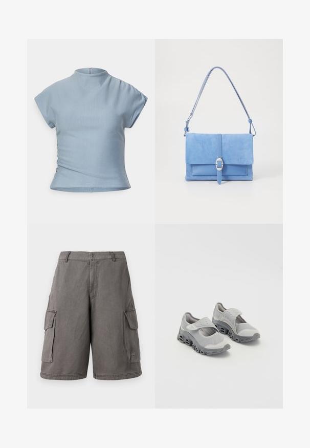 Top azzurro chiaro a maniche corte con colletto alto, design aderente, dettagli arricciati sulle spalle e zip nascosta sul retro.; Blusa bianca a maniche lunghe con scollatura a V, texture plissettata, dettagli gathered in vita e polsini elasticizzati. Etichetta del marchio visibile all'interno.; Pantaloni cargo grigi realizzati in tessuto resistente, con tasche laterali, chiusura a bottone e cuciture a contrasto. Presentano un logo sull'orlo inferiore.; Scarpe leggere grigie con tomaia in rete e suola intermedia ammortizzata. Presentano una fascia con chiusura a strappo e punta rotonda con design della suola perforato.; Borsa a tracolla blu in suede con base in pelle liscia, pattina pieghevole, dettaglio in fibbia argentata e lunga tracolla regolabile.; Collana con ciondolo a forma di cuore in argento, decorata con incisioni ornate, sospesa con una fine catena, caratterizzata da una finitura metallica lucida.