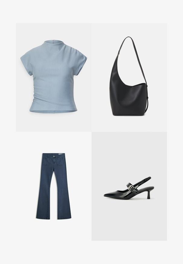 Világoskék, rövid ujjas felső, magas gallérral, testhezálló szabással, vállnál gyűrődő részletekkel és rejtett hátsó cipzárral.; Sötétkék, bőszárú farmernadrág, varrott zsebekkel, gombos záródással és sima felülettel. Klasszikus ötpocket dizájnnal rendelkezik.; Fekete lakkbőr slingback sarkú cipők hegyes orral és kis blokk talppal, ezüst csat díszítéssel a pánton.; Fekete bőr hobo táska sima textúrával, ívelt formával és egyetlen állítható pánttal; széles nyílás található a tetején.