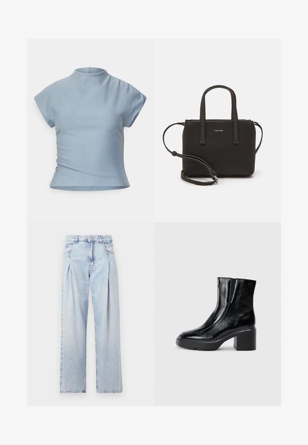 Hellblaues Kurzarmoberteil mit Stehkragen, tailliertem Schnitt, gerafften Details an den Schultern und einem verdeckten Reißverschluss am Rücken.; Helle blaue Denim-Jeans mit hoher Taille, weitem Beinschnitt, zwei seitlichen Taschen und gefaltetem Design. Weiche Textur mit einem ausgebleichten Finish.; Schwarze Lackleder-Stiefeletten mit einer geschwungenen Zehenpartie, elastischen Seiteneinsätzen und einem klobigen Blockabsatz. Mit geprägtem Logo auf der Rückseite.; Schwarze Handtasche mit zwei kurzen, doppelt geflochtenen Griffen und einem abnehmbaren Schulterriemen. Glattes, lederähnliches Material mit einem Reißverschluss und Logodetail.