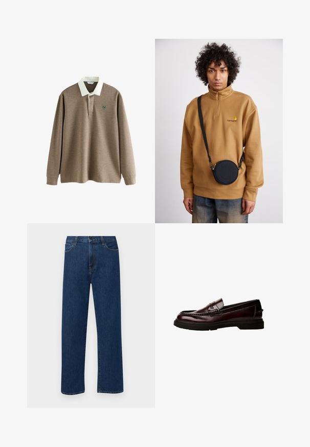 Pitkähihainen polo paita, jossa on ruskea ja kerma vaaleneva ruutukuvio, valkoinen kaulus ja vihreä logo rinnassa. Pehmeä kangas.; Tummansinisiä suoranlahkeisia farkkuja, joissa on etutaskut ja nappikiinnitys, esiteltynä yksinkertaisella valkoisella taustalla.; Ruske nahkasaappaat pyöreällä varpaalla, yksityiskohtaisella ompeleella ja kumipohjalla. Ominaisuuksiin kuuluu koristeellinen hihna, sileä pinta.; Ruskea neljännesvetoketjullinen fleecesweater, jossa on brodeerattu logo, mustan pyöreän olkalaukun kanssa, jossa on vetoketju ja logotiedot, käytetty farkkujen päällä.