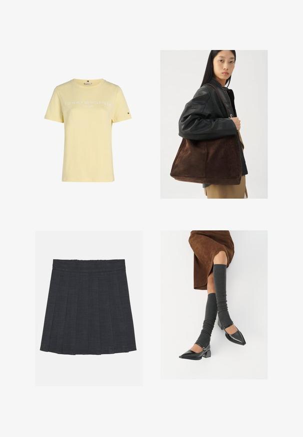 Tommy Hilfiger Curve LOGO - Apdrukāts T-krekls - lemon zest; Tumši pelēks plisēts svārki ar elastīgu jostu, ar teksturētu audumu un klasisku A formas siluetu. Piemēroti ikdienas valkāšanai.; Melnas laka ādas apavi ar norādītu purngalu, blokveida papēdi un potīšu jostu, saskaņoti ar pelēkām ribotām kāju sildītājām un brūnu zamšādas svārku.; Brūns zamša toleta soma ar plašu formu un mīkstu tekstūru, ar vienu siksniņu un minimālu aparatūru uz neitrāla fona.