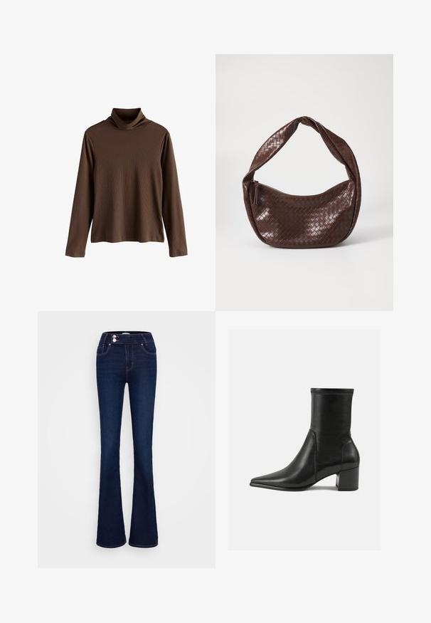 Brun langærmet turtleneck-top lavet af ribbet stof; har en høj, foldet krave og en afslappet pasform med lige kant.; Mørkeblå, flagrende jeans med høj talje, to frontlommer og to knaplukninger. Fremstillet af denim med en glat tekstur.; Sorte ankelstøvler lavet af glat læder, med spids tå, en blokhæl og markant hævet syning ved den øverste kant.; Brun vævet lædertaske med et buet, knyttet håndtag og en lynlås lukning. Glat tekstur og rund form.