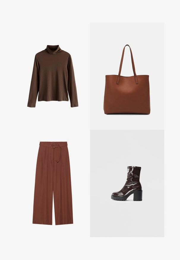 Hnědý dlouhý rukáv turtleneck top vyrobený z žebrované látky; má vysoký, skládací límec a uvolněný střih s rovnými lemy.; Široké kalhoty z hnědé tkaniny, které mají pás s čtvercovou sponou, sklady a hladkou texturu.; Lesklá bordó kotníková bota s masivním černým podpatkem, se hladkým povrchem a jednoduchým designem. Žádné viditelné zapínání ani vzory.; Hnědá kožená taška přes rameno s hladkou texturou, otevřeným designem a dvěma ramenními popruhy. Obsahuje minimální švy a žádné viditelné kovové prvky.