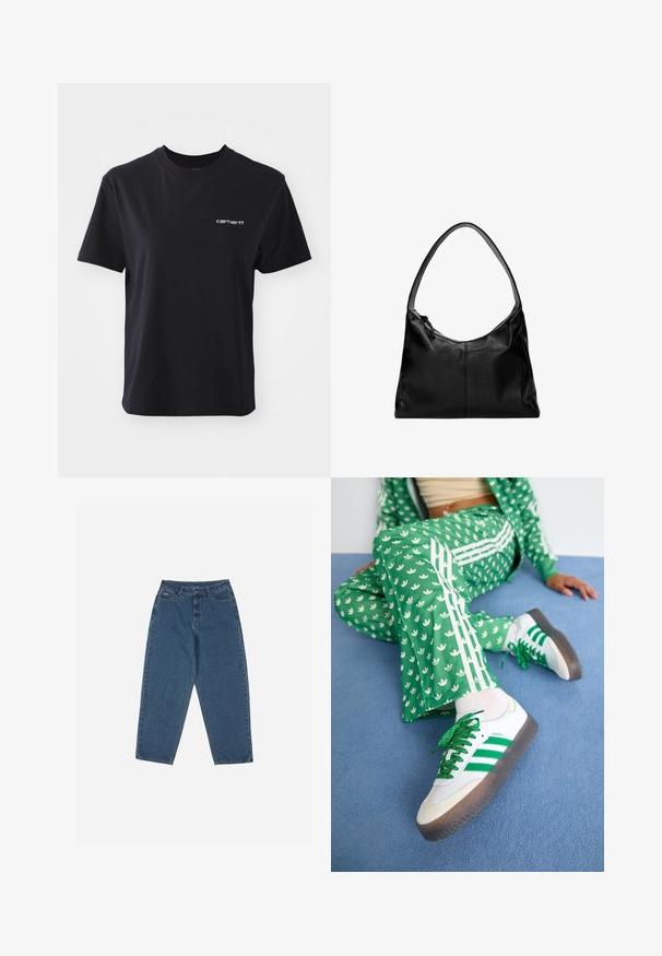 Sort bomulds T-shirt med rund hals, korte ærmer og hvid "carhartt" logo på venstre bryst. Glat tekstur, standard pasform.; Blå denimjeans med en afslappet pasform, høj talje, fem-lomme design og syningsdetaljer. Har en knap- og lynlåslukning.; Grønne mønstrede træningsdragt med hvide blomsterdesigns og hvide striber, parret med hvide sneakers med grønne striber og glitrende snørebånd.; Sort læder skuldertaske med en glat overflade, en buet top og en enkelt rem. Har lynlåslukning og minimalistisk design.