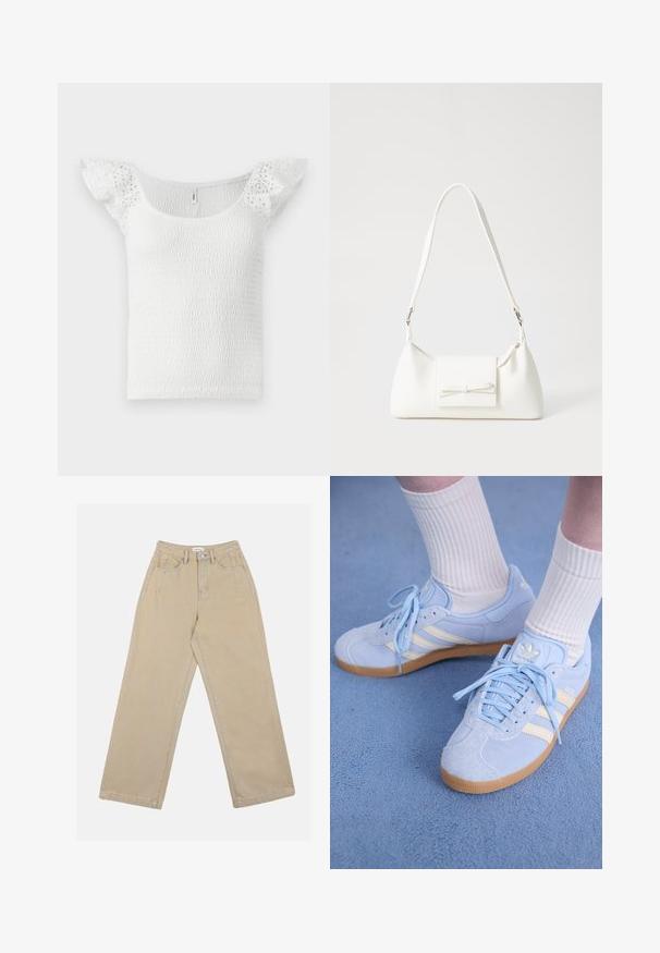 Hvit topp med smocked-design, vid halslinje og korte, blonde-lignende volanger på ermene, med en teksturert overflate.; Beige vide bukser laget av denim, med høy liv, frontlommer og kontraststing. Designet inkluderer knappelukking.; Lyseblå semsskinn sneakers med hvite striper, flate snørebånd og såle i gummi. Ribbet hvite sokker bæres over ankelen.; Hvit syntetisk håndveske med trekantet form, flat klaff foran og sløyfe detaljer, justerbar stropp, glatt tekstur og minimalistisk design.