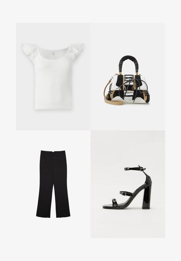 Witte top met een smockontwerp, brede halslijn en korte, kantachtige ruches mouwen, met een gestructureerd oppervlak overal.; Zwarte broek met een rechte pasvorm, voorzien van zijzakken en plooien aan de onderzijde. Gemaakt van zachte, gladde stof. Geschikt voor verschillende gelegenheden.; Zwarte gepatenteerde sandalen met hak en een vierkante neus, enkelbandjes en zilveren gespen. Heeft een stevige blokhak voor stabiliteit.; Multikleuren handtas met zwart, wit en beige gaas. Voorzien van een textuur handle, vetersluiting en een afneembare schouderband.