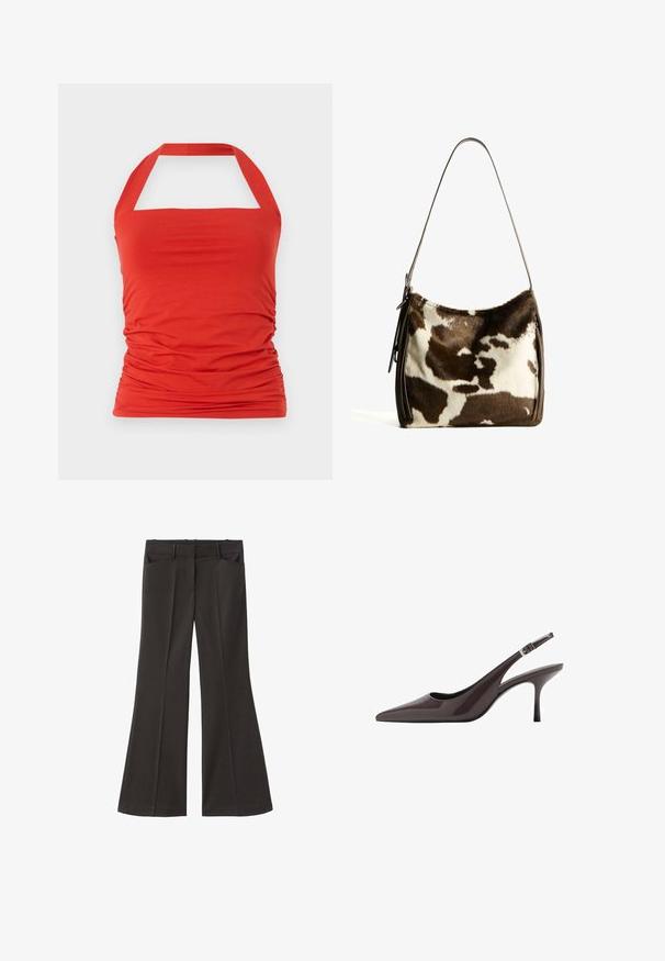 Rdeča halter majica iz mehkega, elastičnega materiala z nabranim spodnjim delom. Ima kvadratni izrez in halter naramnice.; Črne razširjene hlače z visokim pasom; vključujejo dva sprednja žepa in gladko teksturo tkanine. Primerne za različne priložnosti.; Svetle črne slingback pete s pointed toe v temno rjavi lakirani usnjeni obliki, ki vključujejo vitko visoko peto in nastavljiv gleženjski trak z zaponko.; Rjav in krem torba iz kravjega usnja s gladkim usnjenim trakom, z zadrgo in mehko, strukturo površino, ki prikazuje naravni vzorec.
